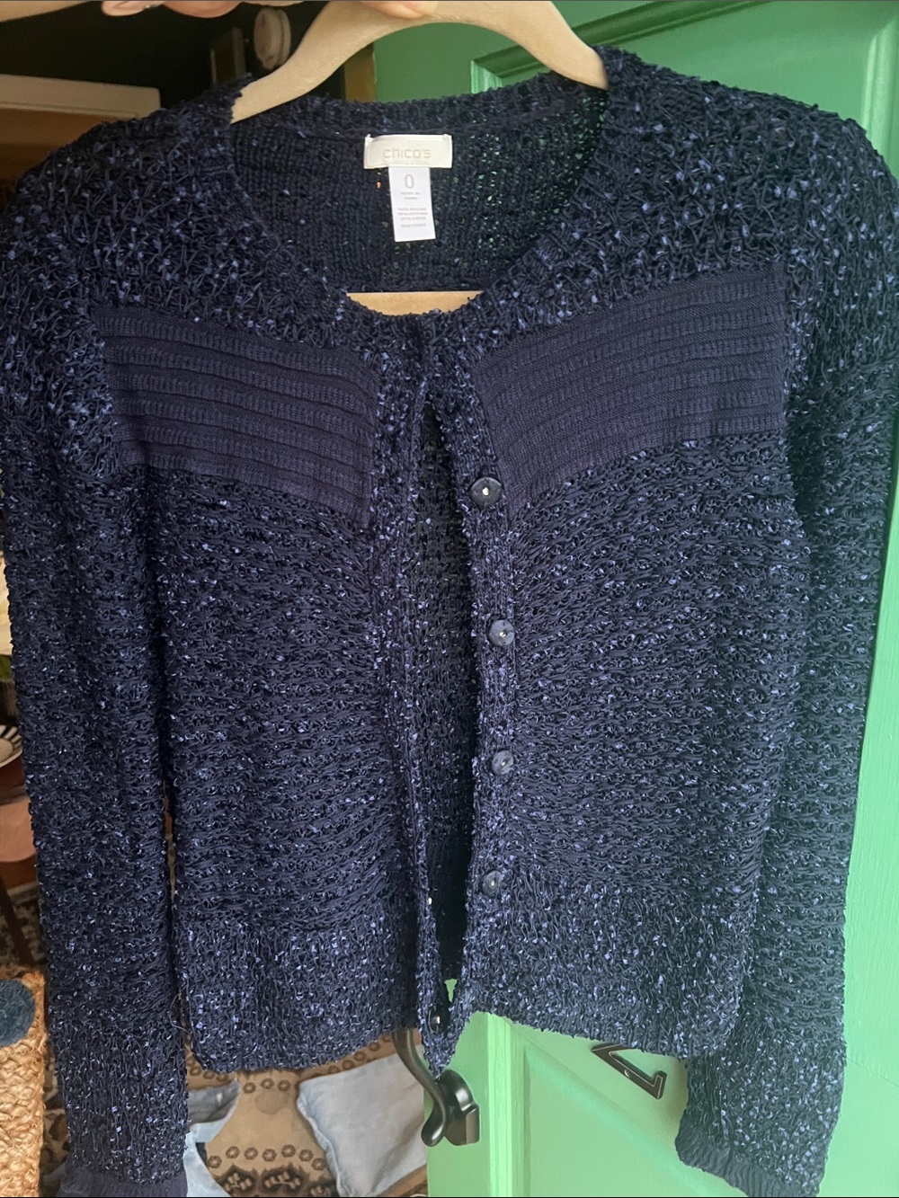 Chico's Navy Open-Weave Button-Front Cardigan linen nylon cotton small size 0